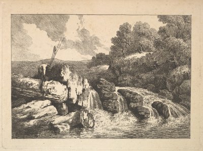 Paisaje con dos pescadores escalando rocas junto a una cascada, 1784-88 de Thomas Rowlandson