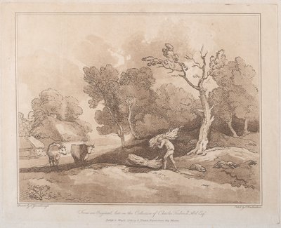 Paisaje con una figura llevando un manojo de ramas, un bosque detrás, dos vacas de Thomas Rowlandson