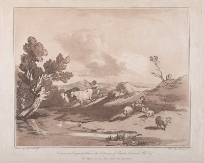 Paisaje con una Figura Pastoreando Ganado y un Pastor Descansando de Thomas Rowlandson