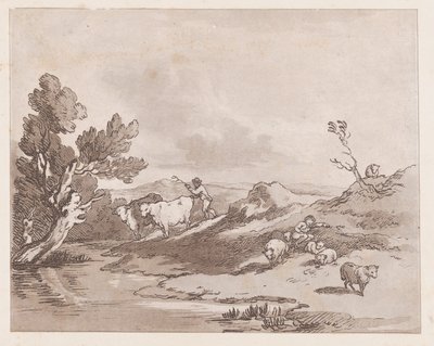 Paisaje con una figura arreando ganado hacia el agua, 21 de mayo de 1789 de Thomas Rowlandson