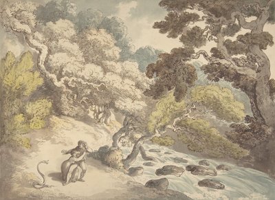 Paisaje con arroyo caudaloso y una pareja en la orilla, asustada por una serpiente, 1775-1827 de Thomas Rowlandson
