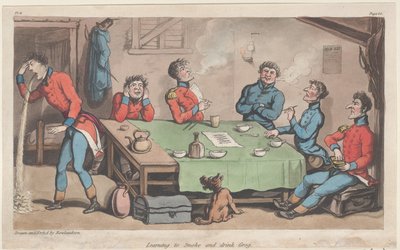 Aprendiendo a Fumar y Beber Grog, de Las Aventuras Militares de Johnny Newcome de Thomas Rowlandson