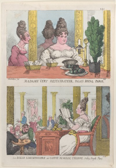 Madame Very Restauranteur, Palais Royal Paris y La Belle Liminaudiere en el Café De Mille de Thomas Rowlandson