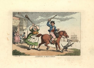 Hombre golpeando a un caballo terco con un garrote, mientras el dueño Wido de Thomas Rowlandson