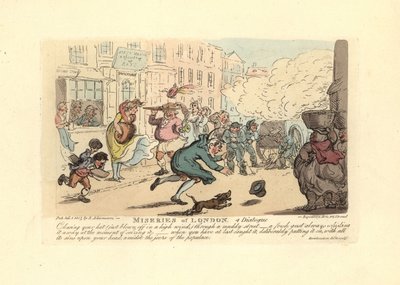 Hombre persiguiendo su sombrero en una calle embarrada con viento fuerte de Thomas Rowlandson