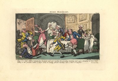 Hombre cayendo de una silla rota en una cena de Thomas Rowlandson