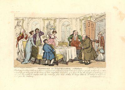 Hombre obligado a usar la ropa mal ajustada de su anfitrión en una cena de Thomas Rowlandson