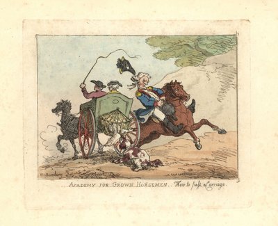 Hombre perdiendo el control de su montura mientras pasa un carruaje de Thomas Rowlandson