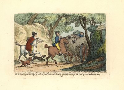 Hombre a caballo detrás de un carro lento en un camino estrecho de Thomas Rowlandson