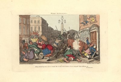 Hombre clavado a una puerta por los cuernos de un buey enfurecido de Thomas Rowlandson