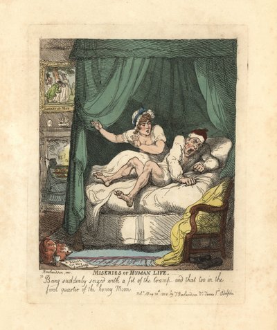 Hombre con calambre en la pierna en la cama de luna de miel. de Thomas Rowlandson