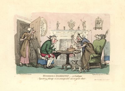 Hombre sentándose sobre un gato asustado en su silla de Thomas Rowlandson