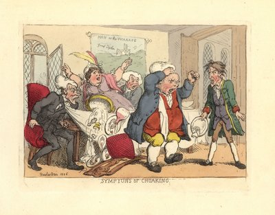Hombre de pie ahogándose en la mesa del comedor de Thomas Rowlandson