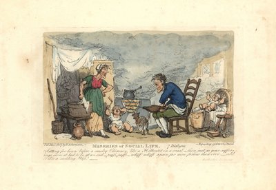 Hombre usando fuelles frente a un fuego en una habitación llena de humo de Thomas Rowlandson