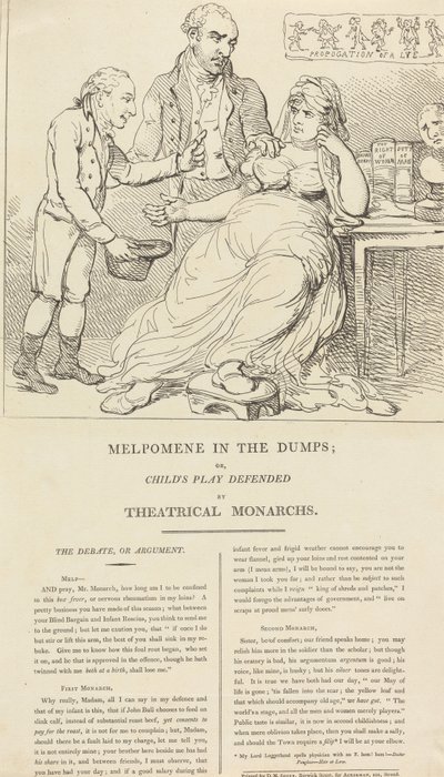 Melpómene, de bajón; o «Juegos de niños», defendida por los monarcas del teatro de Thomas Rowlandson