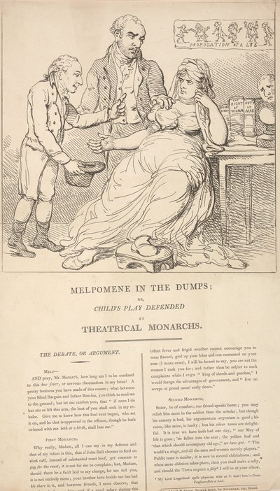 Melpómene de bajón; o «Los juegos infantiles defendidos por los monarcas del teatro» de Thomas Rowlandson