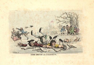 Hombres y mujeres patinando sobre hielo delgado y cayendo en un río helado. de Thomas Rowlandson