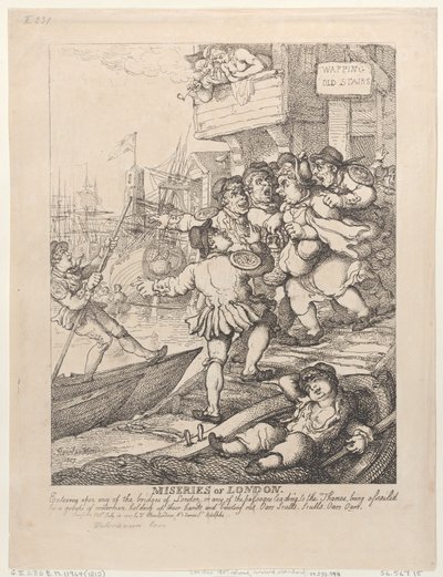 Las penurias de Londres: Al cruzar cualquiera de los puentes de Londres o cualquiera de los pasajes que conducen al Támesis, te ves asaltado por un grupo de barqueros que alzan las manos y gritan a voz en cuello: «Remos. Remos. Remos. Remos». de Thomas Rowlandson