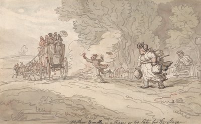«Mother Bundle» enfurecida o «Demasiado tarde para el escenario» de Thomas Rowlandson