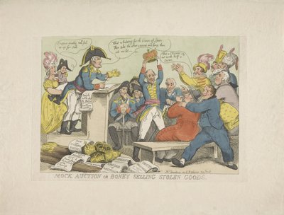 Napoleón vende bienes robados, 1813 Simulacro de subasta o Boney vendiendo bienes robados (título sobre el objeto) de Thomas Rowlandson