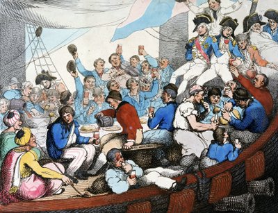 Guerras Napoleónicas, Campaña (Expedición) de Egipto (1798-1801): El almirante Horatio Nelson (1758-1805) celebra con sus tropas su gloriosa victoria en la batalla del Nilo (batalla de Aboukir) (agosto de 1798), a bordo de su barco de Thomas Rowlandson