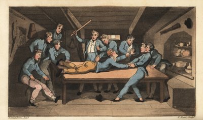 Castigo naval de golpear por arruinar una comida. Johnny es golpeado con un palo sobre la mesa por agregar sal al pudín. Grabado en cobre coloreado a mano por W. Read después de una ilustración de Thomas Rowlandson del libro Las aventuras de Johnny Newcomb de Thomas Rowlandson