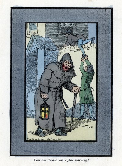 Vigilante nocturno con su linterna y bastón, desatento a dos ladrones que entran en una casa detrás de él (1819). Grabado en madera, basado en una pintura de Thomas Rowlandson (1756-1827), publicado en The Cries of London: con seis encantadores niños y cas de Thomas Rowlandson