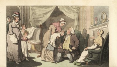 Enfermera mostrando un bebé a un anciano y una mujer de Thomas Rowlandson