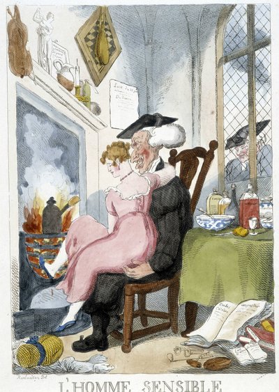 Anciano (eclesiástico) manoseando a una joven sentada en sus rodillas - caricatura de Rowlandson de Thomas Rowlandson