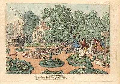 Párroco maldiciendo a cazadores de zorros y perros que pisotean su jardín de Thomas Rowlandson