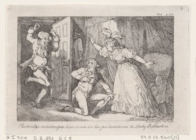 La perdiz interrumpe a Tom Jones en sus protestas a Lady Bellaston, de La historia de Tom Jones, 1792 de Thomas Rowlandson