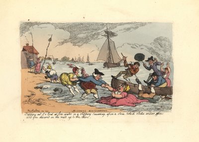 Pasajeros resbalando y cayendo en el barro del río de Thomas Rowlandson