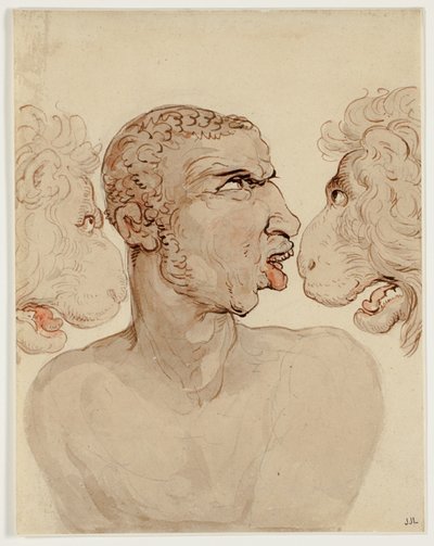 Estudio fisionómico de la cabeza de un hombre y dos leones de Thomas Rowlandson