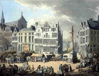 Place de Mier en Amberes, grabado por Wright y Schutz, pub. por Rudolph Ackermann de Thomas Rowlandson