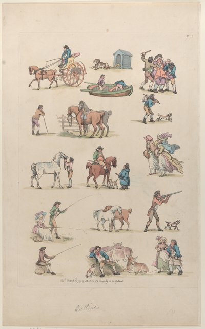 Placa 1, contornos de figuras, paisajes y ganado... para el uso de los aprendices, marzo 8, 1790 de Thomas Rowlandson
