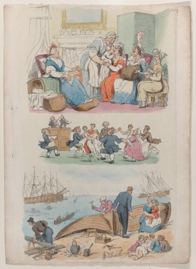 Placa 4: Una visita de parto, una danza en ronda, de World in Miniature, 1816 de Thomas Rowlandson