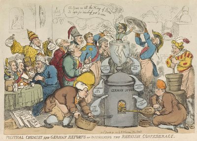 Químico político y retortas alemanas o disolviendo la confederación renana, pub. 1813 de Thomas Rowlandson
