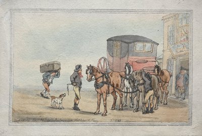 Carteros y caballos de posta en la posada White Hart de Thomas Rowlandson