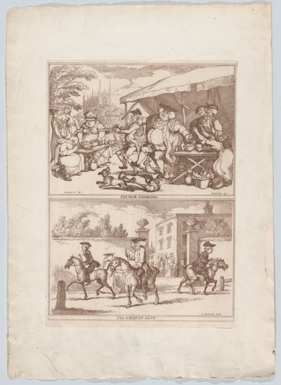 Feria de cerámica en Cambridge, y, La puerta del colegio, 1780-90 de Thomas Rowlandson