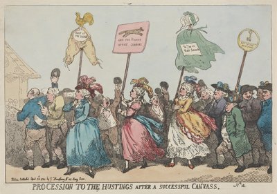 Procesión hacia la tribuna electoral tras una campaña electoral exitosa de Thomas Rowlandson