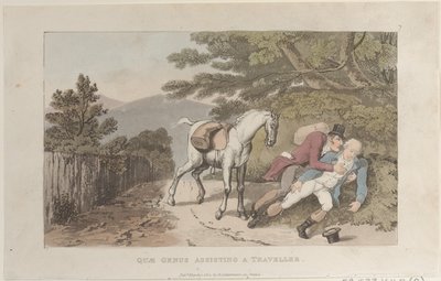 Quae Genus asistiendo a un viajero, de La historia de Johnny Quae Genus, el pequeño..., 1 de marzo de 1822 de Thomas Rowlandson