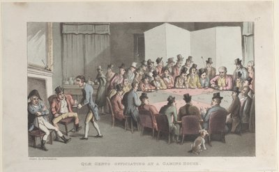 Quae Genus oficiando en una casa de juegos, de La historia de Johnny Quae Gen, 1 de noviembre de 1821 de Thomas Rowlandson