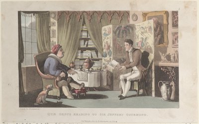 Quae Genus leyendo a Sir Jeffery Gourmand, de La Historia de Johnny Quae Genu, 1 de marzo de 1822 de Thomas Rowlandson
