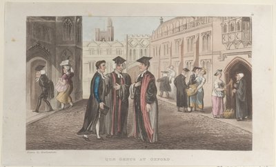 Quae Genus en Oxford, de La Historia de Johnny Quae Genus, El Pequeño Encontrado, 1 de noviembre de 1821 de Thomas Rowlandson