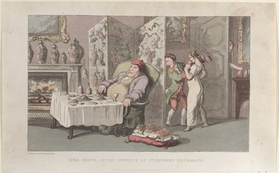 Quae Genus, al servicio de Sir Jeffery Gourmand, de La historia de Johnny..., 1 de agosto de 1821 de Thomas Rowlandson
