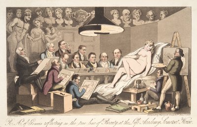 R---A---ys de genio reflexionando sobre la verdadera línea de la belleza en la Academia de la Vida, Somerset House, de The English Spy, pub. 1824 de Thomas Rowlandson