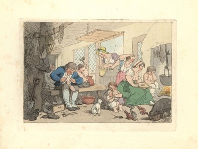 Zapatero de la Regencia reparando zapatos en una habitación abarrotada de Thomas Rowlandson