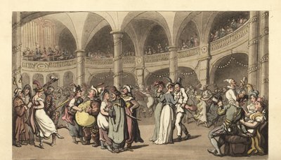 Fiesteros disfrazados en un baile de máscaras en un gran teatro de Thomas Rowlandson