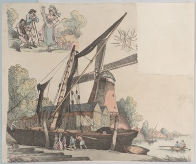 Escena de río con molino de viento de la lámina 9, Contornos de figuras, paisajes y C... de Thomas Rowlandson