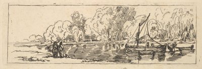 Escena de un río o un estanque: un velero y una lancha con figuras en la orilla más cercana de Thomas Rowlandson